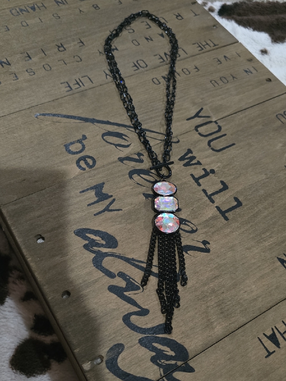 Black Chain Necklace with Iridescent Crystal Trio and Tassel